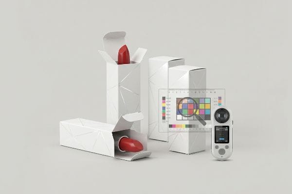 Lipstick Color Calibration White SBS paperboard lipstick cartons with a geometric pattern, red lipstick bullets, and a colorimeter measuring a color chart for prepress color calibration.