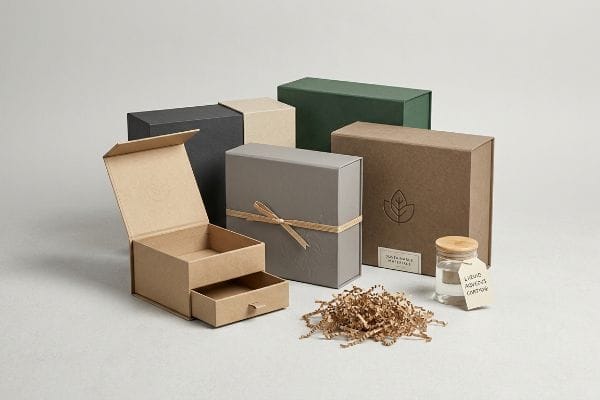 Sustainable Packaging Solutions Sustainable mono-material gift boxes in kraft, grey, and green, featuring an open drawer box, embossed leaf logo, and a jar labeled Liquid Aqueous Coating.