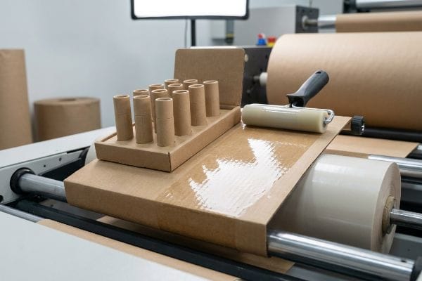 Aqueous Finish Application Process Brown corrugated cardboard receives a liquid aqueous finish on a production line, alongside a tray of paper tubes for sustainable lip balm packaging.