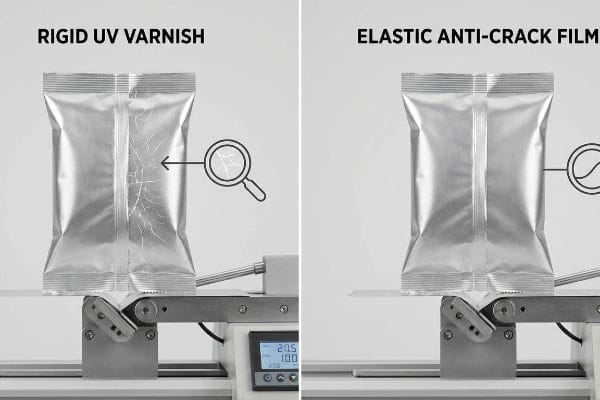 Flexible packaging comparison: Rigid UV Varnish shows micro-fractures, while Elastic Anti-Crack Film remains intact during bending.