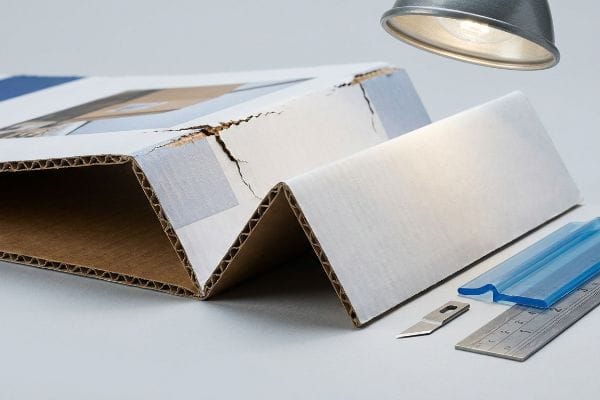 Die Cutting Litho-Cracking Cracked white corrugated board exposing brown flutes, with a utility knife, ruler, and blue creasing channels, showing die-cutting problems.