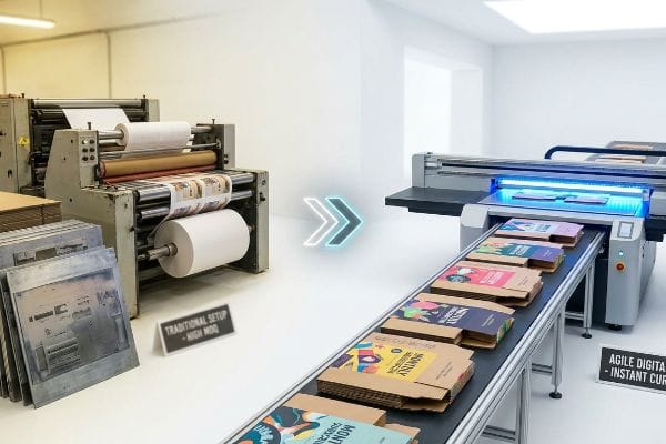 Traditional lithographic press with metal plates contrasts agile UV digital printing of custom boxes, labeled 'Traditional Setup - High Moq' and 'Agile Digital - Instant Cure'.