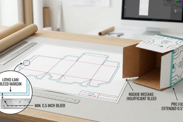 Packaging dieline blueprint with 0.5-inch Litho-Lam bleed margin, comparing insufficient bleed on a box to a 0.5-inch extended graphic pro fix.