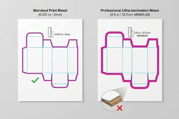 Two white panels display box die-cut templates, contrasting Standard Print Bleed (0.125 in / 3mm) with Professional Litho-lamination Bleed (0.5 in / 12.7mm Minimum) for corrugated packaging.