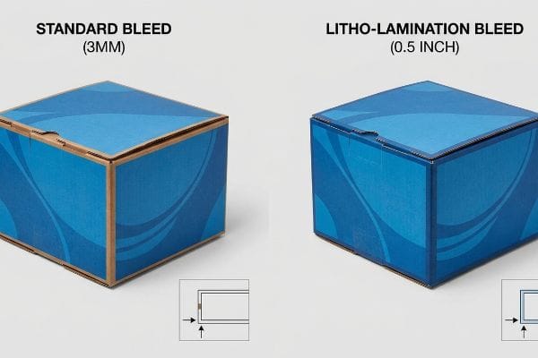 Packaging Bleed Comparison Two blue corrugated boxes demonstrating bleed differences: Standard Bleed (3MM) with exposed cardboard, and Litho-Lamination Bleed (0.5 Inch) with full coverage.