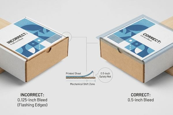 Packaging Bleed Comparison Corrugated boxes show incorrect 0.125-inch bleed (flashing edges) vs. correct 0.5-inch bleed, detailing the mechanical shift zone.