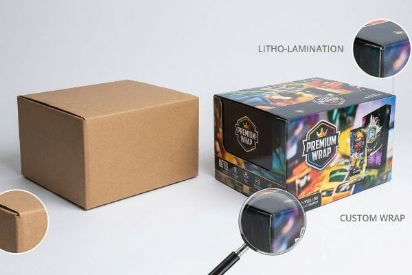 Two corrugated boxes, one plain brown and one Premium Wrap custom litho-laminated, showcasing packaging transformation with close-ups of edges.