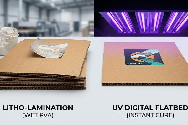 Litho vs UV Printing Corrugated boards comparing Litho-Lamination (Wet Pva) with glue to UV Digital Flatbed (Instant Cure) printing a Custom Label.