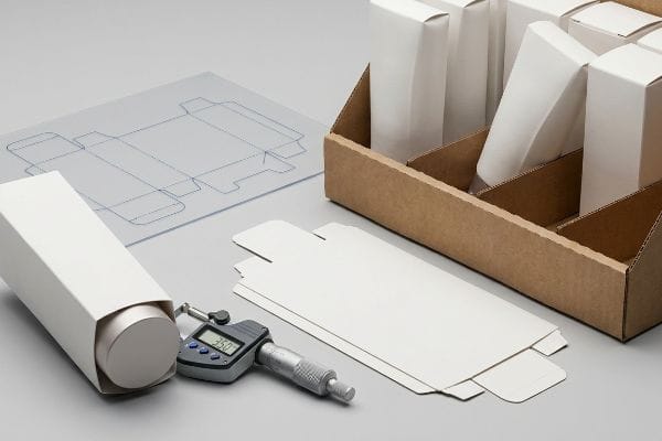 Packaging Tolerance Measurement Digital micrometer showing 3.50mm, measuring a loaded SBS folding carton, with a packaging dieline and flat blanks.