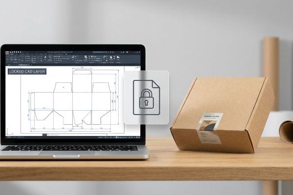 Locked CAD Dieline Laptop showing a Locked CAD Layer of a packaging dieline, with a locked file icon and a brown box labeled 'Sustainable Packaging'.