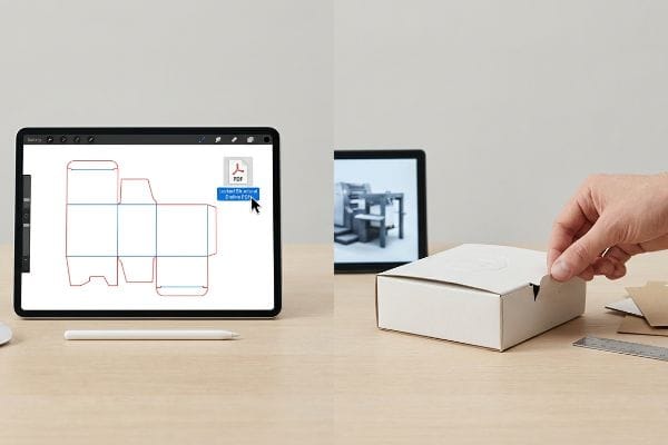 Dieline to Custom Box Tablet displays a locked structural Dieline PDF for custom packaging, with a hand closing an assembled white cardboard box.