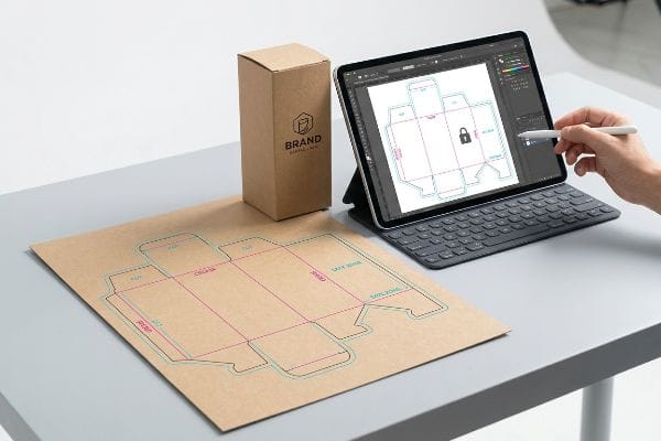 Kraft paper dieline template for packaging design, with a Brand Graphic Lab box and a tablet showing the locked structural template in Adobe Illustrator.