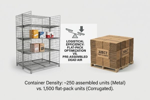 Metal wire rack with products vs. 32ECT virgin corrugated flat-packs, for logistical efficiency.