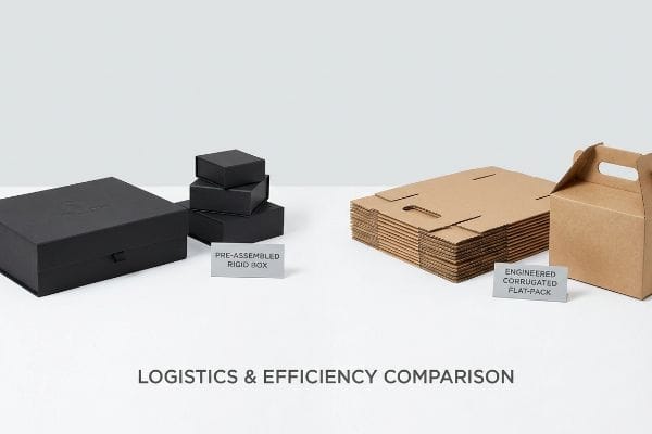 Logistics Efficiency Comparison Black Pre-Assembled Rigid Boxes and stacked brown Engineered Corrugated Flat-Pack illustrate a Logistics & Efficiency Comparison.
