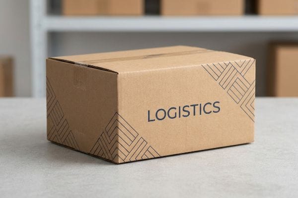 Brown corrugated shipping box with "Logistics" text and geometric patterns, sealed for transit.