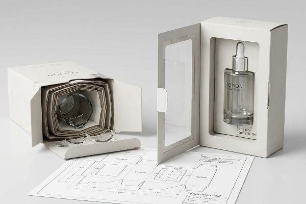 White cardboard packaging displays a broken glass lotion bottle next to an intact 'Lotion Heavy Glass' bottle with a '3.17 mm spatial buffer' inside a protective carton, alongside a 'Suspension Void' dieline.
