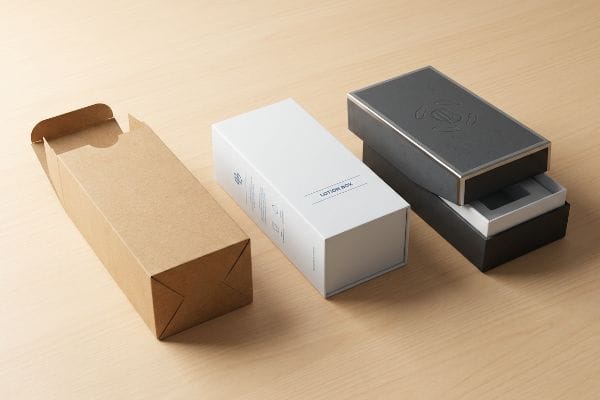 Three distinct packaging boxes: an open kraft folding carton, a white 'Lotion Box' with blue text, and a dark grey rigid box with silver trim and debossed logo.