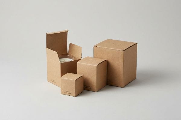 クラフトキャンドルボックス 茶色のクラフト紙製のキャンドルボックス。1つは開いていて、中にはLove Blackwood Candle Co.のガラス瓶入りキャンドルが入っている。もう1つは8オンスのキャンドルが入った閉じた箱。.