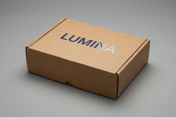 A brown corrugated mailer box with the Lumina brand name printed in blue and silver on its lid, showcasing custom transit packaging.