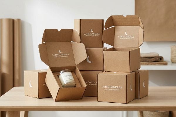 On a wooden table, multiple open and closed kraft candle boxes from Luna Candles are displayed, one holding a white glass jar candle.
