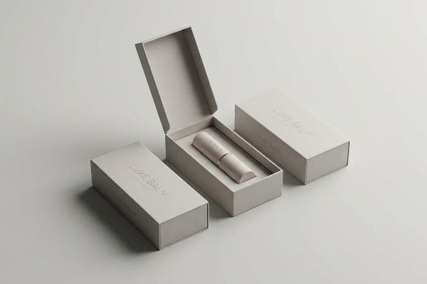 Three minimalist Luxe Balm custom lip balm boxes, one open revealing a single lip balm tube.
