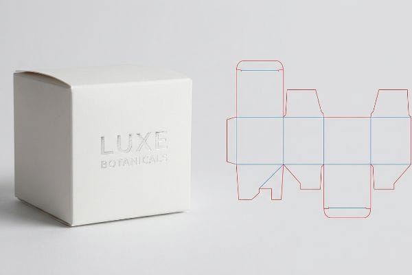 Displaying a white cosmetic box with Luxe Botanicals branding alongside its structural dieline blueprint, highlighting cut and fold lines.