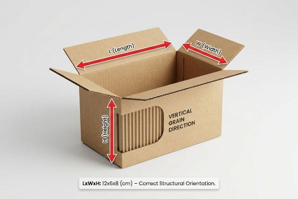Box Dimensions L W H Corrugated box with L (Length), W (Width), H (Height) dimensions, showing Vertical Grain Direction and 'LxWxH: 12x6x8 (cm) – Correct Structural Orientation'.