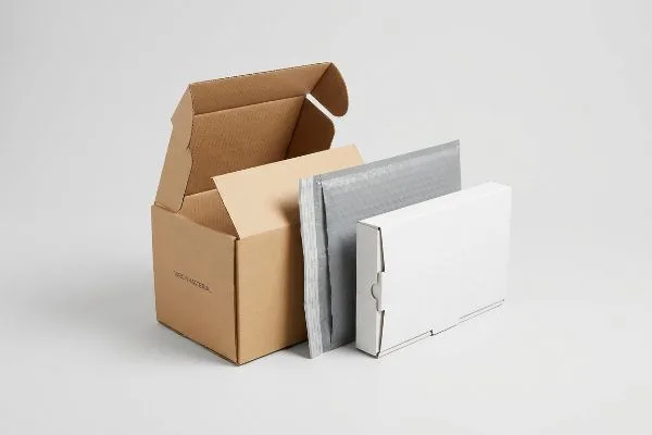 茶色の段ボール箱、灰色の緩衝材入り封筒、そして「Made In Matera」の文字が入った白い硬質輸送箱。.