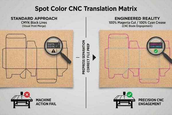 Brown cardboard dieline illustrates Spot Color Cnc Translation Matrix, contrasting Cmyk Black Lines causing Machine Action Fail with Magenta Cut and Cyan Crease for Precision Cnc Engagement.