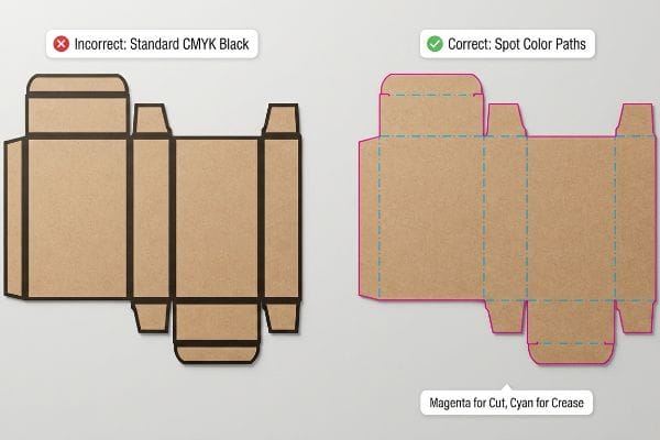Die-cut template shows 'Incorrect CMYK Black' vs. 'Correct Spot Color Paths' (Magenta for Cut, Cyan for Crease).