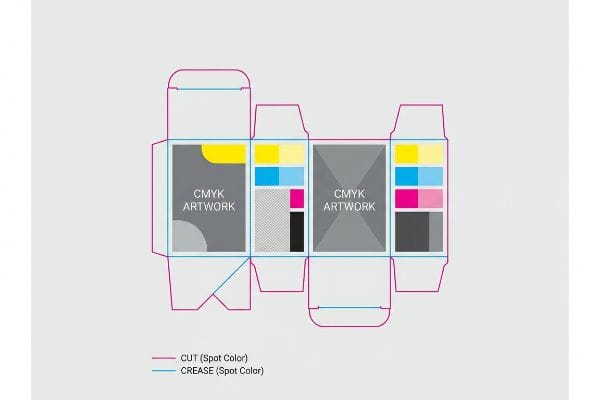 A packaging dieline blueprint shows CMYK Artwork, magenta Cut (Spot Color) and cyan Crease (Spot Color) lines.