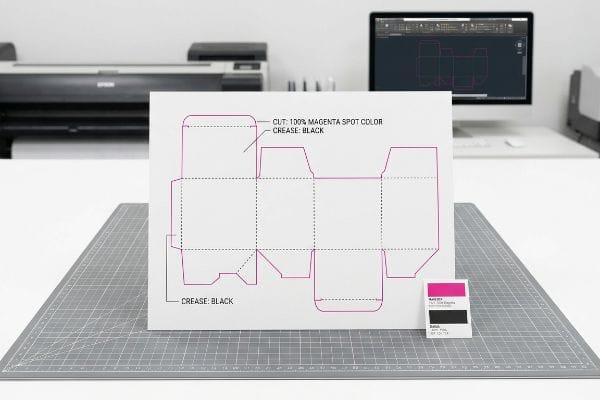 Die Cut Box Dieline Die-cut box dieline on white paper, marked with Cut: 100% Magenta Spot Color and Crease: Black, on a grey mat.