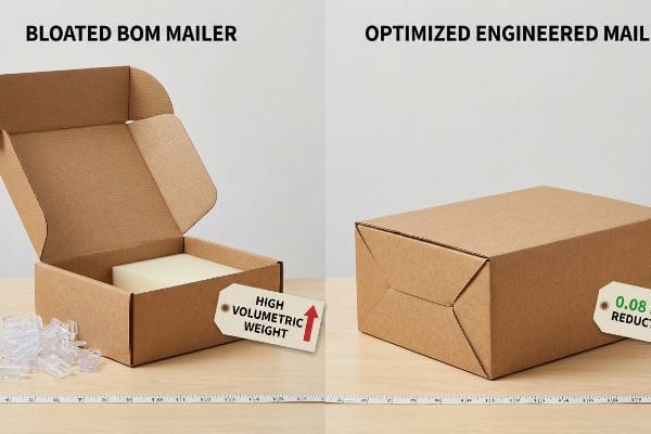 Vergleich der Mailer-Optimierung Wellpapp-Versandkartons: Aufgeblähter Bom-Versandkarton (hohes Volumengewicht) mit Schaumstoffeinlage vs. Optimierter Engineered Mailer (0,08 Pfund Gewichtsreduzierung).