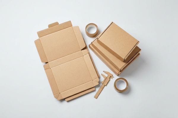 An overhead arrangement of blank cardboard mailer boxes, flat-packed and assembled, alongside packing tape and a wooden caliper for precise structural design.