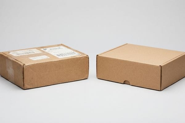 Mailer Box Condition Two brown cardboard mailer boxes, one scuffed with shipping labels and the other pristine, illustrating packaging condition.