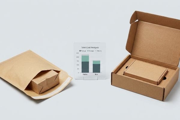 Kosten für Versandtaschen vs. Kartons Brauner Kraftpapier-Versandbeutel und Wellpappkarton mit einem Balkendiagramm zur Gesamtkostenanalyse, das Porto, Beschädigung und Rücksendungen für Versandbeutel und Karton vergleicht.