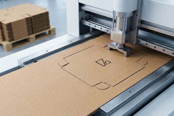 Stanzverfahren für Versandkartons Eine Präzisionsstanzmaschine verarbeitet Wellpappe und erzeugt so ein Versandkartonmuster mit einem kleinen Logo-Design.