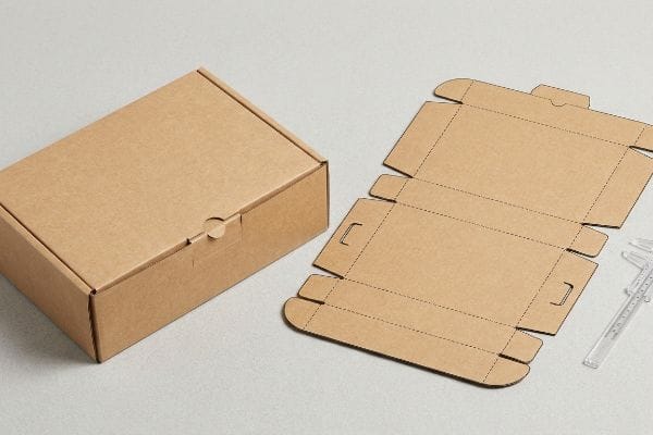Kraft paperboard mailer box and flat-packed dieline with caliper, illustrating self-locking packaging and bend allowance.
