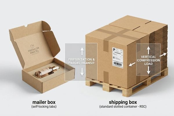 Corrugated mailer box with Premium Parcel product for Presentation & Parcel Transit, beside shipping boxes on a pallet for Vertical Compression Load.