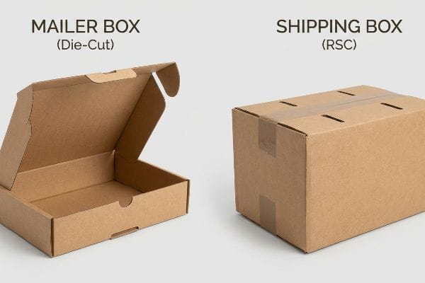 Mailer Shipping Box Comparison Brown corrugated Mailer Box (Die-Cut) open next to a taped Shipping Box (RSC), showcasing packaging differences.
