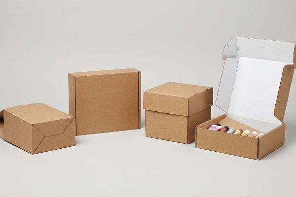 Custom Cardboard Box Types Brown kraft cardboard boxes, including an open mailer shipper with colorful lip balms and closed two-piece rigid setups.