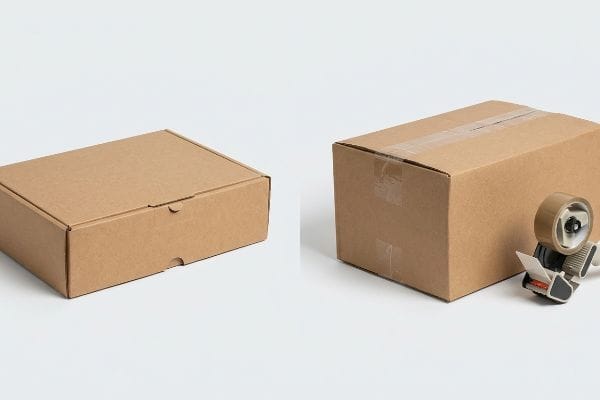 Mailer Shipping Box Comparison Brown kraft mailer box with interlocking tabs beside a taped shipping box and a tape dispenser.