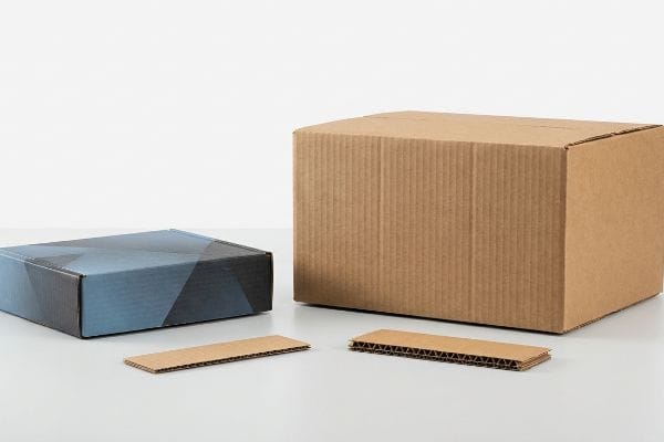 Corrugated cardboard samples display a blue patterned mailer box, a brown shipping box, and exposed flute profiles.