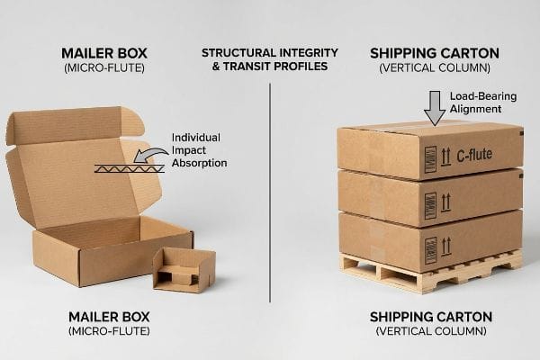 Brown corrugated mailer box with micro-flute impact absorption and stacked C-flute shipping cartons on a pallet for vertical load-bearing.