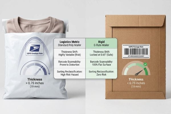 USPS-Sendungsklassifizierung Vergleich von weißen Poly-Versandtaschen und starren E-Wellen-Versandtaschen, mit detaillierter Angabe des USPS-Umschlag- vs. Paketpreises basierend auf 0,75 Zoll Dicke, Barcode-Scanbarkeit und Sortierungs-Reklassifizierung.