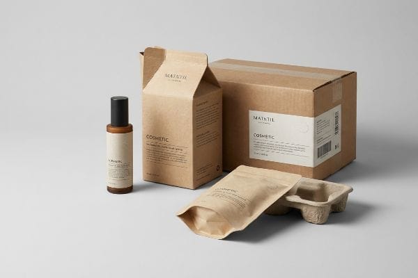 Ensemble d'emballage cosmétique Maintil Emballage en papier kraft pour Maintil Cosmetic, comprenant un flacon pulvérisateur, un étui pliant, un carton d'expédition principal ondulé, une pochette souple et un insert en pâte à papier.