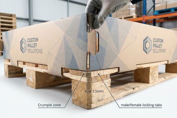 Custom Pallet Skirt Features Corrugated Custom Pallet Solutions skirt with 3.5mm clearance, crumple zone, and male/female locking tabs during assembly.