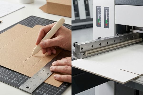 Manual vs Machine Creasing A person's hands score brown paperboard with a bone folder and metal ruler, contrasted with an industrial creasing machine processing white board.