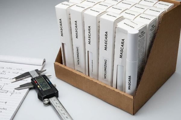 Mascara Packaging Measurement E-flute corrugated tray with Volumizing Mascara boxes, a digital caliper measuring packaging tolerance near SBS notes.