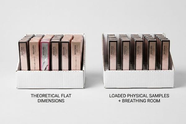 Display Tray Dimensions White corrugated cardboard display trays showcasing mascara boxes, comparing 'Theoretical Flat Dimensions' to 'Loaded Physical Samples + Breathing Room' for retail merchandising.